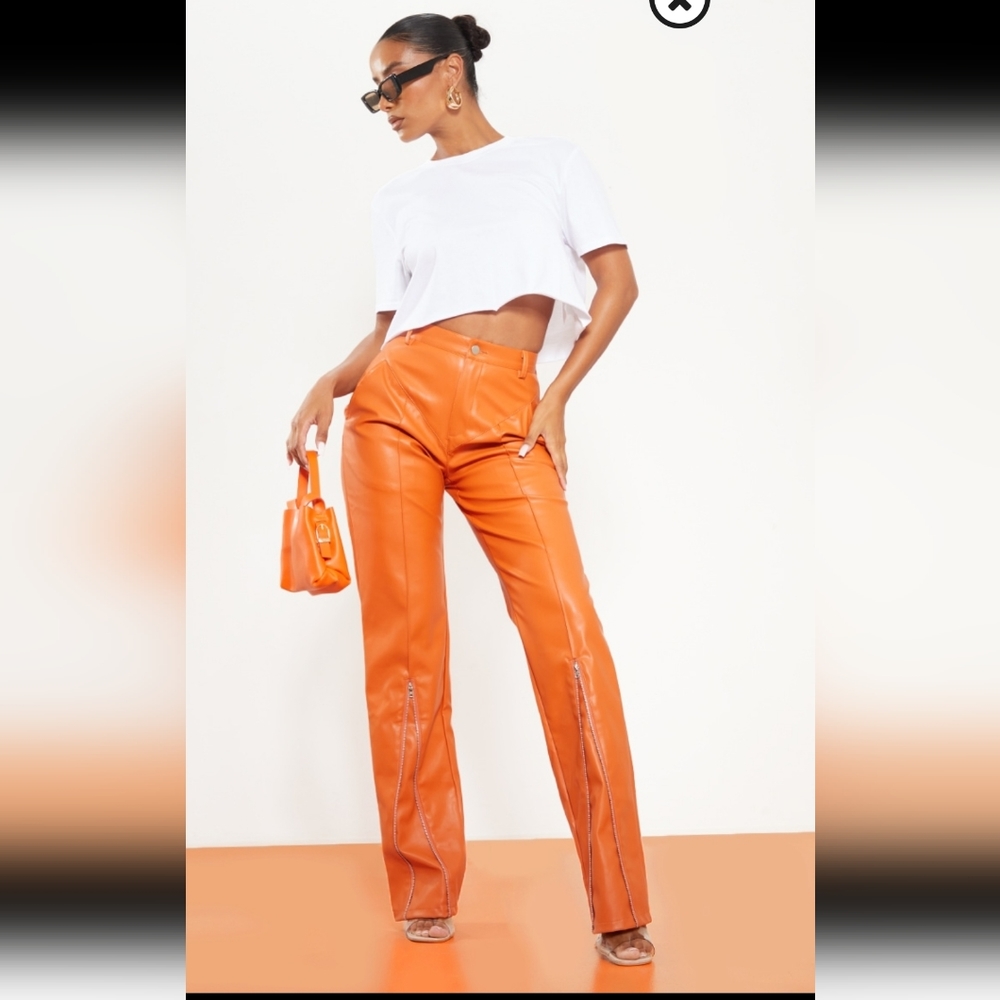 Pretty Little Thing - Orange Faux Leather Straight Leg Pant- Size US 6 UK 10